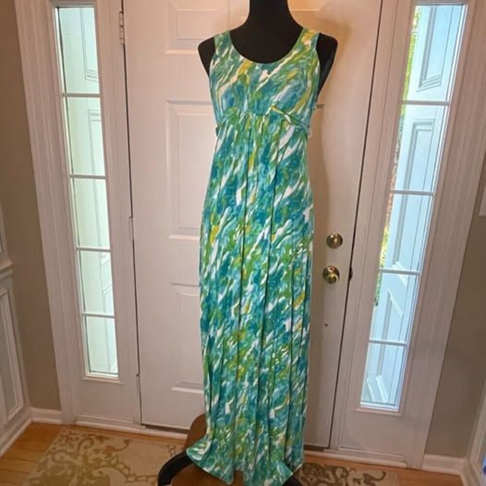 Liz Lange Maternity Dress Maxi Size S Sleeveless Tie Dye Green Blue